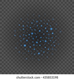 Bokeh light blue sparkles on transparency background vector illustration. Glowing glittering particles element for special Effects. Abstract design.
