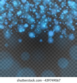Bokeh light blue sparkles on transparency background vector illustration. Glowing glittering particles element for special Effects. Abstract design.