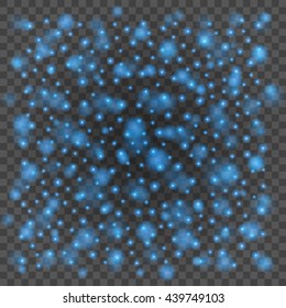 Bokeh light blue sparkles on transparency background vector illustration. Glowing glittering particles element for special Effects. Abstract design.