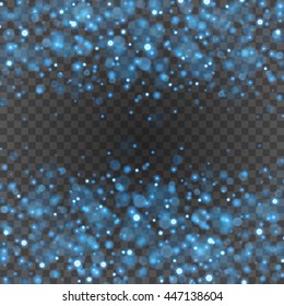 Bokeh light blue sparkles on transparency background vector illustration. Glowing glittering particles element for special Effects. Abstract design.