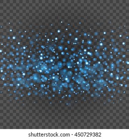 Bokeh light blue sparkles on transparency background vector illustration. Glowing glittering particles element for special Effects. Abstract design.