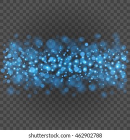 Bokeh light blue sparkles on transparency background vector illustration. Glowing glittering particles element for special Effects. Abstract design.