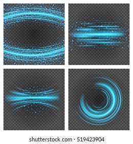 Bokeh light blue sparkles on transparency set backgrounds vector illustration. Glowing glittering particles element for special Effects. Abstract design.