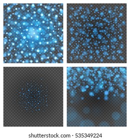 Bokeh light blue sparkles on transparency set backgrounds vector illustration. Glowing glittering particles element for special Effects. Abstract design.