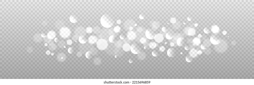 Bokeh light. Christmas blur effect on transparent background. Silver blurred circles. Wide shining template with particles. Abstract glowing dust. Vector illustration.