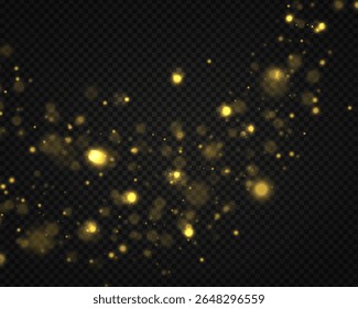 Bokeh light design. Spark and glitter particles in golden tone with warm flare. Vector night illustration with luxury shimmer, transparent glow and holiday fire effect for celebration or festive card.