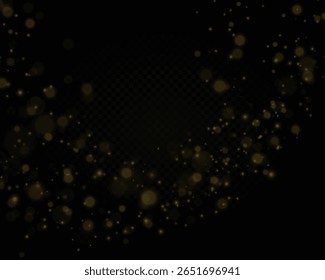 Bokeh light design. Spark and glitter particles in golden tone with warm flare. Vector night illustration with luxury shimmer, transparent glow and holiday fire effect for celebration or festive card.