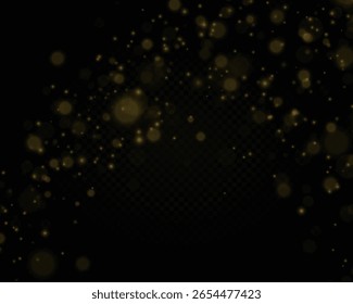 Bokeh light design. Spark and glitter particles in golden tone with warm flare. Vector night illustration with luxury shimmer, transparent glow and holiday fire effect for celebration or festive card.