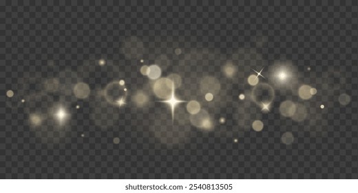 Bokeh light effect background. Abstract stars and sparkles glowing lights isolated on transparent background. Vector illustration.