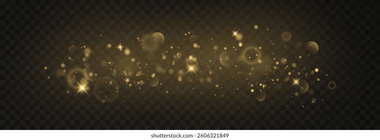 Bokeh light effect background, christmas gold dust, festive glitter dust for banners, cards, advertisement. Christmas glowing dust background png, vector.