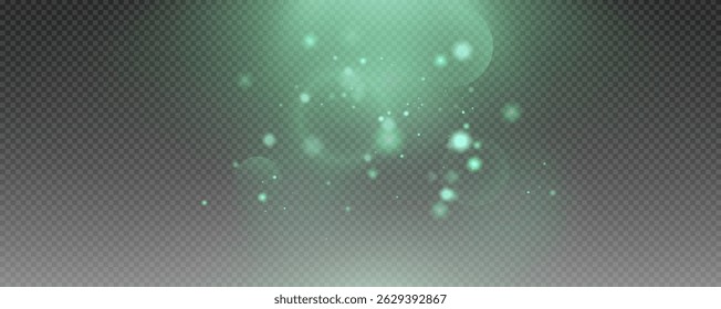 Bokeh light effect background, christmas green dust, festive glitter dust for banners, cards, advertisement. Christmas glowing dust background png, vector.