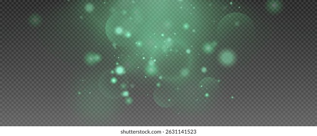 Bokeh light effect background, christmas green dust, festive glitter dust for banners, cards, advertisement. Christmas glowing dust background png, vector.