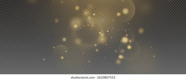 Bokeh light effect background, christmas gold dust, festive glitter dust for banners, cards, advertisement. Christmas glowing dust background png, vector.