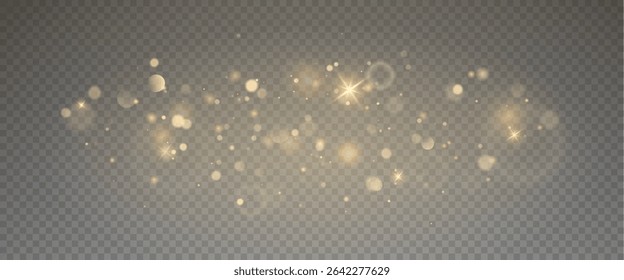 Bokeh light effect background, christmas gold dust, festive glitter dust for banners, cards, advertisement. Christmas glowing dust background png, vector.