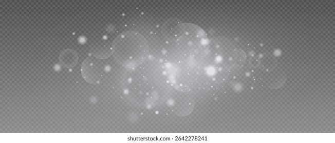 Bokeh light effect background, christmas white dust, festive glitter dust for banners, cards, advertisement. Christmas glowing dust background png, vector.