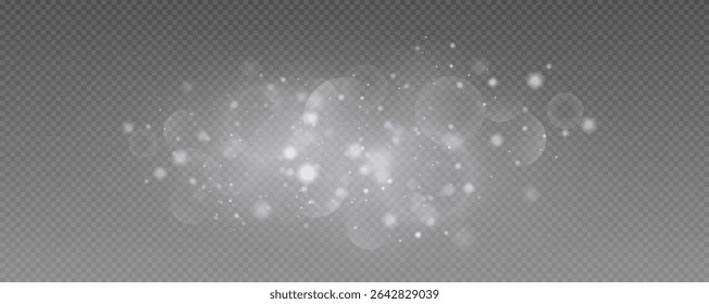 Bokeh light effect background, christmas white dust, festive glitter dust for banners, cards, advertisement. Christmas glowing dust background png, vector.