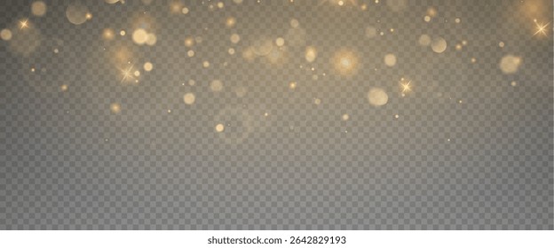 Bokeh light effect background, christmas gold dust, festive glitter dust for banners, cards, advertisement. Christmas glowing dust background png, vector.