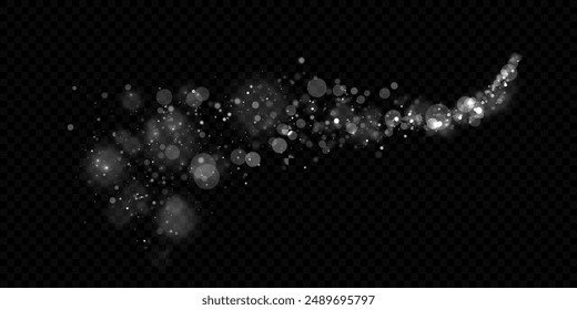 Bokeh light effect background. Overlay effect of white light shiny dust on a transparent background. Christmas background made of glitter dust.