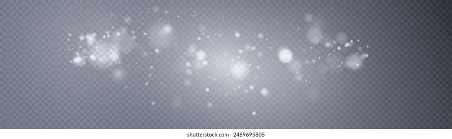 Bokeh light effect background. Overlay effect of white light shiny dust on a transparent background. Christmas background made of glitter dust.