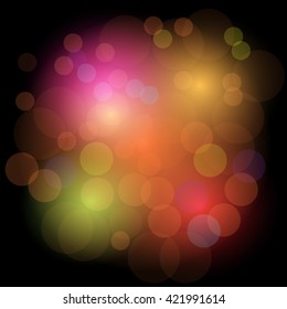 Bokeh light effect festive background. Abstract pattern with disco circles. Vector template colored illuminated spots.
