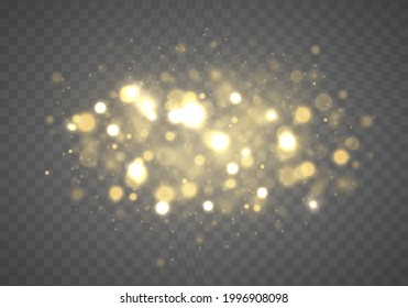 Bokeh light effect isolated on transparent background. Empty space for text. Magic concept. Christmas glowing golden bokeh confetti and spark overlay texture for your design. Dust yellow. Vector.