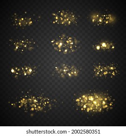 Bokeh light effect isolated on transparent background. Empty space for text. Magic concept. Christmas glowing golden bokeh confetti and spark overlay texture for your design. Dust yellow. Vector.