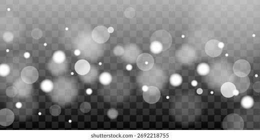 Efecto de luz Bokeh aislado sobre fondo transparente. Polvo brillante blanco, círculos y anillos, destellos de bengala