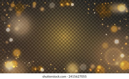 Efecto de la luz bokeh con muchas partículas brillantes aisladas en un fondo transparente. Glitter. Nubes de estrellas vectoras con polvo.