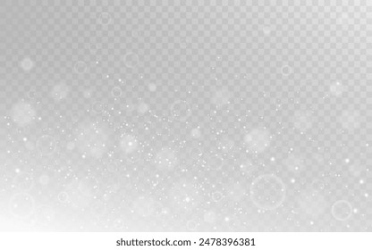 Bokeh light effect. White sparks and dust. Silver particles texture. Magic glowing flares. Abstract white glitter. Overlay blur design. Shiny round elements. Vector illustration.