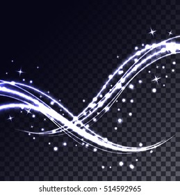 Bokeh light glitter wave lines con la luz de flash brillante voladora. Fondo vectorial de efecto claro. Banner mágico abstracto con chispas.