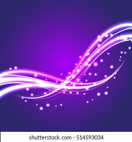 Linhas de ondas de luz Bokeh brilho com luz de flash brilhante voadora. Fundo do vetor de efeito de luz. Banner abstrato mágico com brilhos.