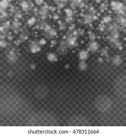 Bokeh light gray sparkles on transparency background vector illustration. Glowing glittering particles element for special Effects. Abstract design.