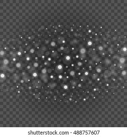 Bokeh light gray sparkles on transparency background vector illustration. Glowing glittering particles element for special Effects. Abstract design.