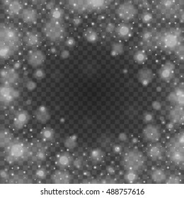 Bokeh light gray sparkles on transparency background vector illustration. Glowing glittering particles element for special Effects. Abstract design.