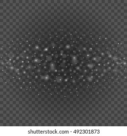 Bokeh light gray sparkles on transparency background vector illustration. Glowing glittering particles element for special Effects. Abstract design.