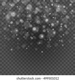 Bokeh light gray sparkles on transparency background vector illustration. Glowing glittering particles element for special Effects. Abstract design.