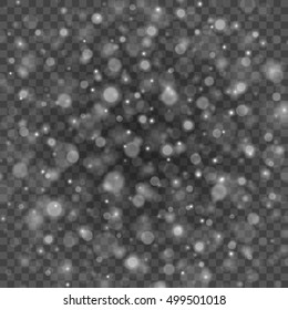 Bokeh light gray sparkles on transparency background vector illustration. Glowing glittering particles element for special Effects. Abstract design.