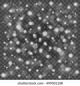 Bokeh light gray sparkles on transparency background vector illustration. Glowing glittering particles element for special Effects. Abstract design.