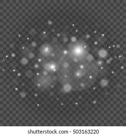 Bokeh light gray sparkles on transparency background vector illustration. Glowing glittering particles element for special Effects. Abstract design