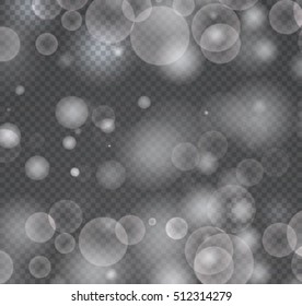 Bokeh light gray sparkles on transparency background vector illustration. Glowing glittering particles element for special Effects. Abstract design