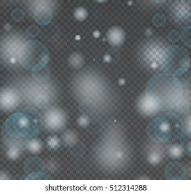 Bokeh light gray sparkles on transparency background vector illustration. Glowing glittering particles element for special Effects. Abstract design