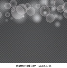 Bokeh light gray sparkles on transparency background vector illustration. Glowing glittering particles element for special Effects. Abstract design