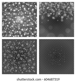 Bokeh light gray sparkles on transparency set backgrounds vector illustration. Glowing glittering particles element for special Effects. Abstract design.
