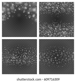 Bokeh light gray sparkles on transparency set backgrounds vector illustration. Glowing glittering particles element for special Effects. Abstract design.