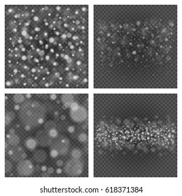 Bokeh light gray sparkles on transparency set backgrounds vector illustration. Glowing glittering particles element for special Effects. Abstract design.