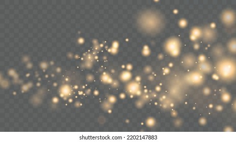  Bokeh-Lichter wirken auf dem Hintergrund. Weihnachtshintergrund. Pulverstaubbeleuchtung PNG. Magisch leuchtender Goldstaub. Feine, glänzende Bokeh-Partikel fallen leicht ab.