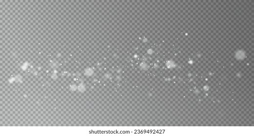 Bokeh light lights effect background. White png dust light. Christmas background of shining dust. Cold winter wind dust texture. Holiday vector blizzard.