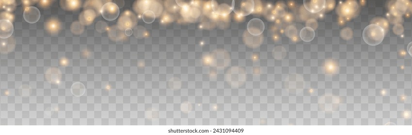 Bokeh light lights effect background. Gold dust PNG. Christmas background of shining dust Christmas glowing bokeh confetti and spark overlay texture for your design.	