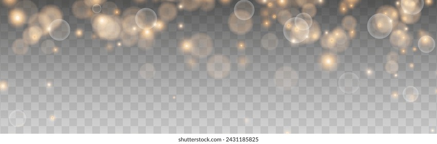 Bokeh light lights effect background. Gold dust PNG. Christmas background of shining dust Christmas glowing bokeh confetti and spark overlay texture for your design.	