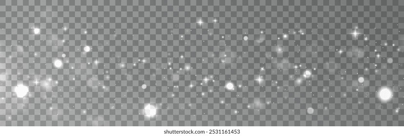 Bokeh light lights effect background. White png dust light. Christmas background of shining dust Christmas glowing light bokeh confetti and spark overlay texture for your design.	
